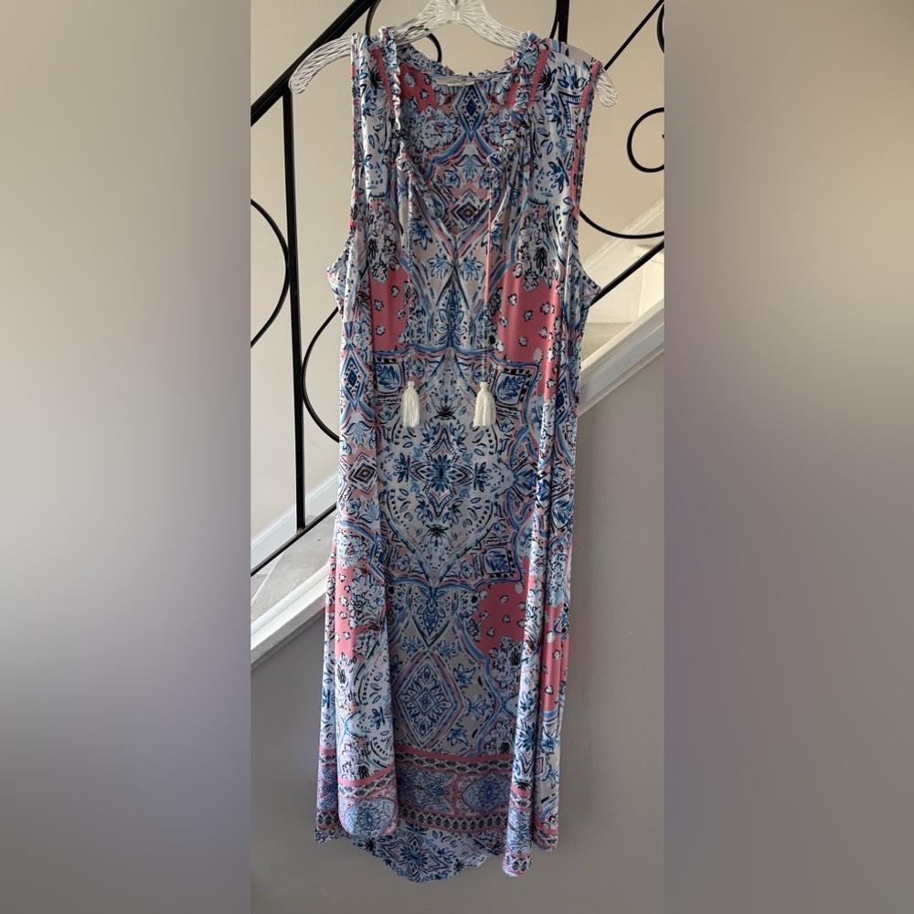 Boho Salmon Pink & Blue Style and Co Tassel Shift Maxi XL Dress
